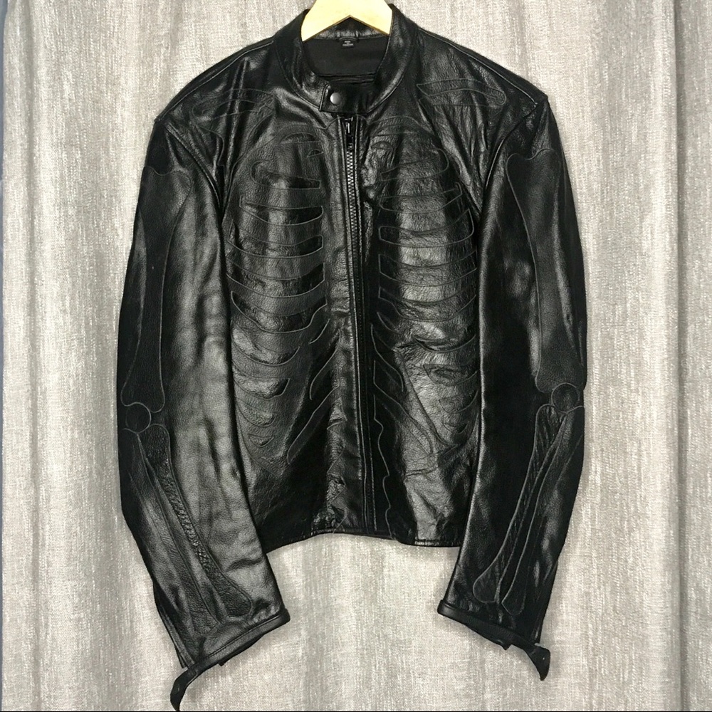The Alley Chicago Mens Black Leather Skeleton Motorcycle Jacket Size 42 - Large